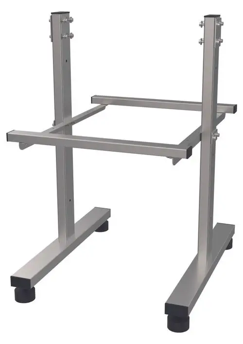 Gestell aus Metall mit quadratischen Standbeinen und horizontalen Querstreben, ideal für die Montage des Judo i-soft 10 TGA. Füße mit Kappen für stabilen Halt.